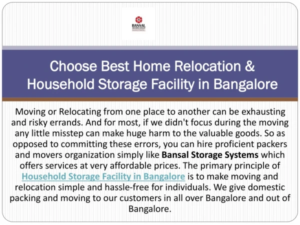 Choose Best Home Relocation & Household Storage Facility in Bangalore