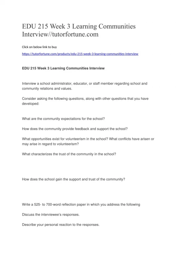 EDU 215 Week 3 Learning Communities Interview//tutorfortune.com