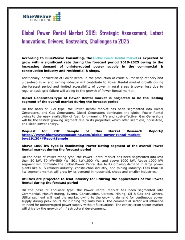 Global Power Rental Market 2019: Strategic Assessment, Latest Innovations, Drivers, Restraints, Challenges to 2025