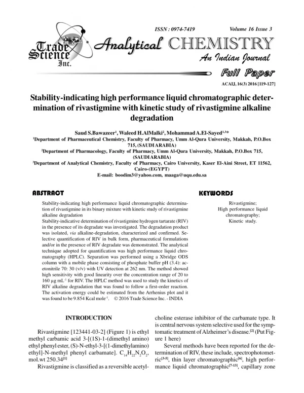 Stability-indicating high performance liquid chromatographic deter- mination of rivastigmine with kinetic study of rivas