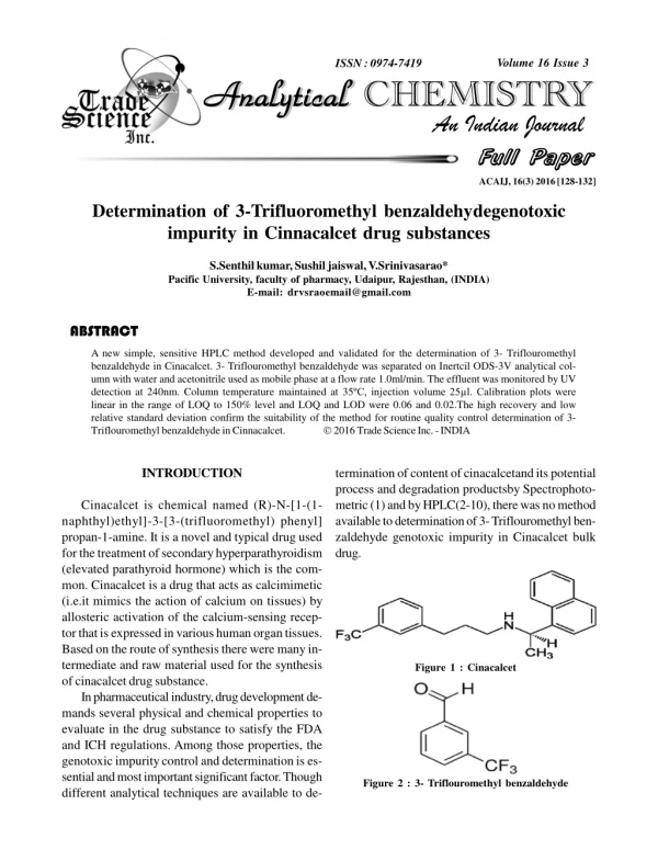 Determination of 3-Trifluoromethyl benzaldehydegenotoxic impurity in Cinnacalcet drug substances