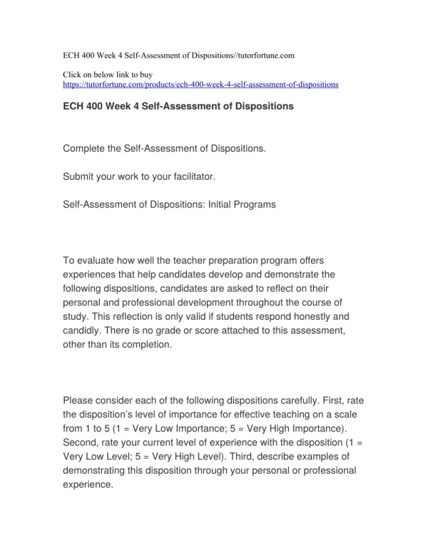 ECH 400 Week 4 Self-Assessment of Dispositions//tutorfortune.com