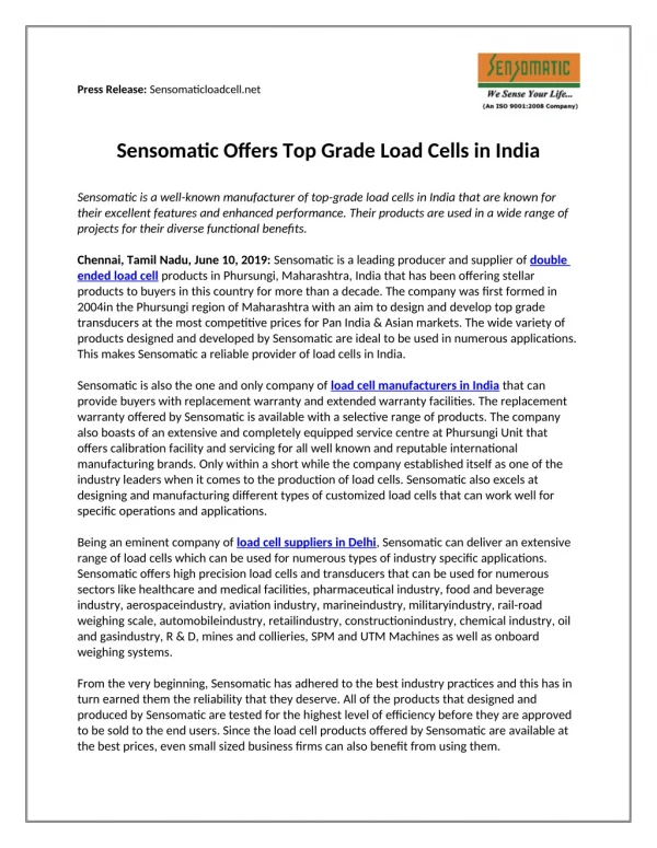 Sensomatic Offers Top Grade Load Cells in India