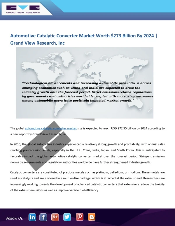 Automotive Catalytic Converter Market Worth to Excel USD 273 Billion by 2024
