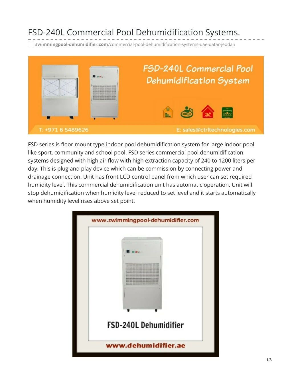 fsd 240l commercial pool dehumidification systems