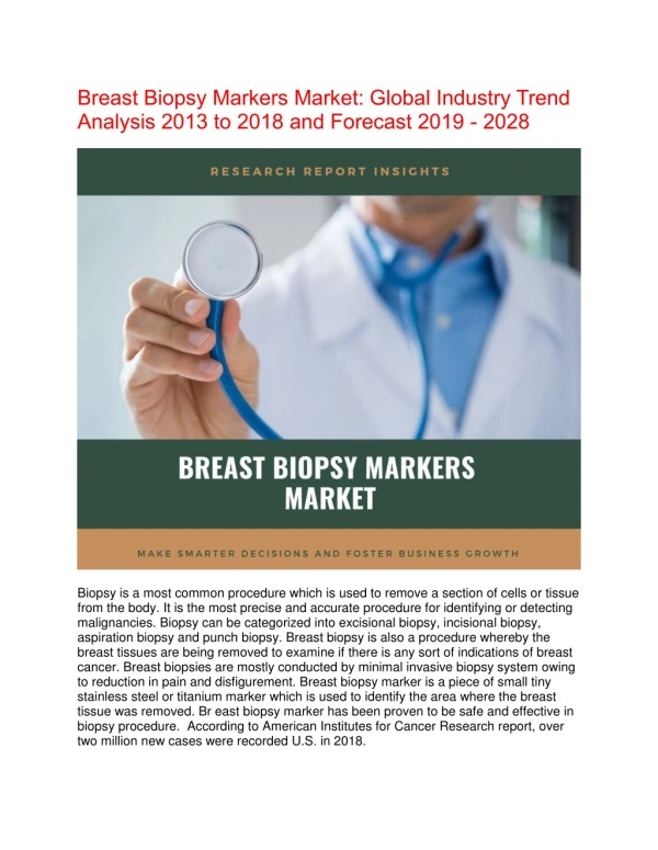 Breast Biopsy Markers Market research to Soar Through Key End-use Industries During the Forecast Period 2019 - 2028