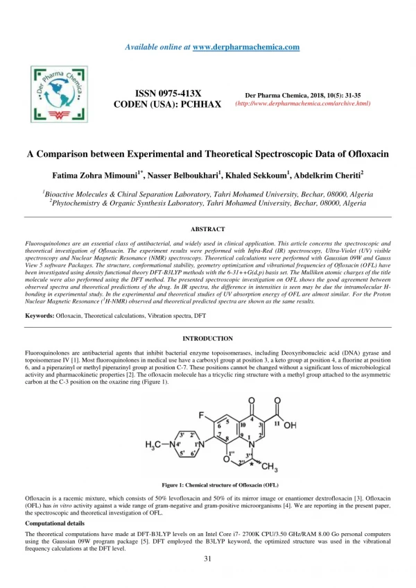 A Comparison between Experimental and Theoretical Spectroscopic Data of Ofloxacin