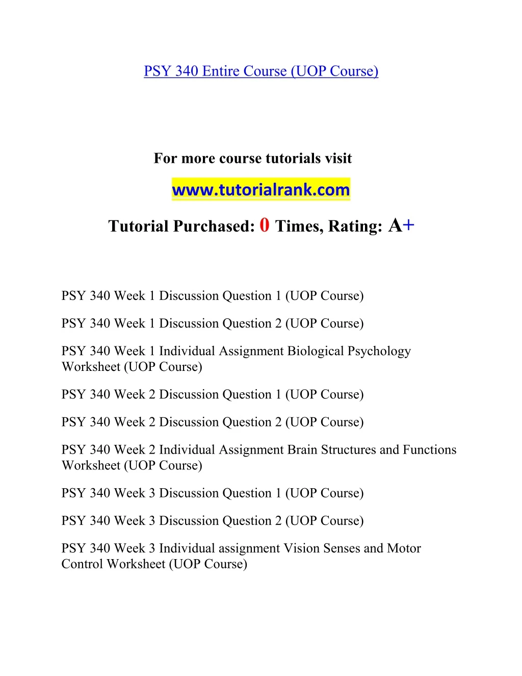 psy 340 entire course uop course