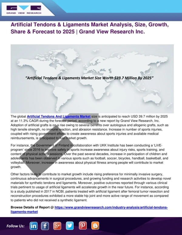 Artificial Tendons & Ligaments Market Insights - Industry Analysis and Forecast to 2025