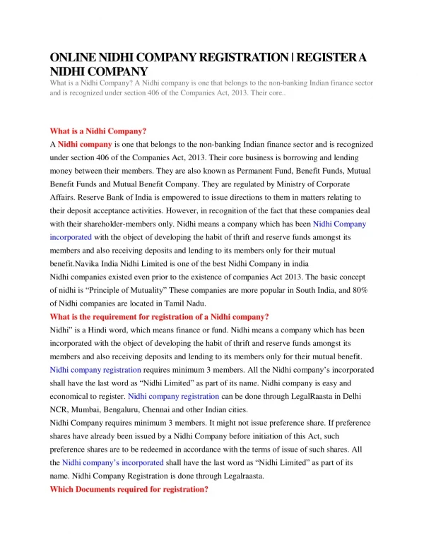 ONLINE NIDHI COMPANY REGISTRATION | REGISTER A NIDHI COMPANY