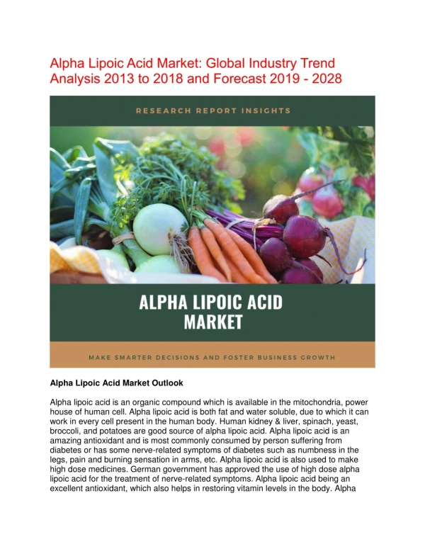 Adoption Scenario of Alpha Lipoic Acid Market research to Remain Positive Through 2028