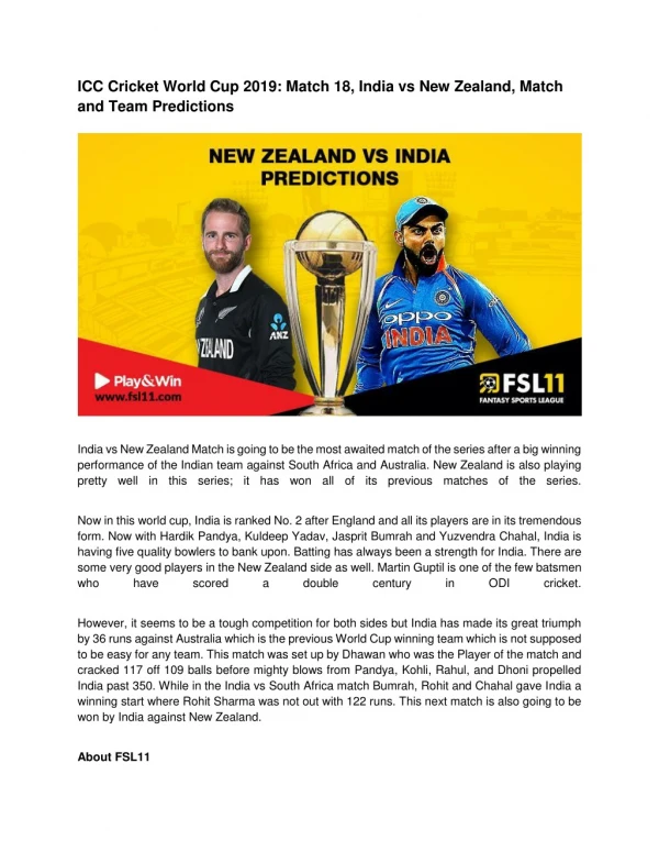 ICC Cricket World Cup 2019: Match 18, India vs New Zealand, Match and Team Predictions