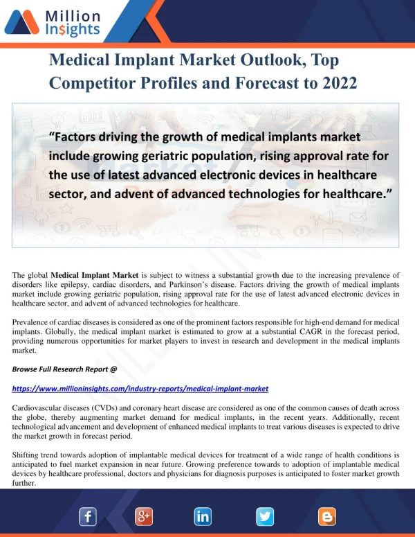 Medical Implant Market Outlook, Top Competitor Profiles and Forecast to 2022