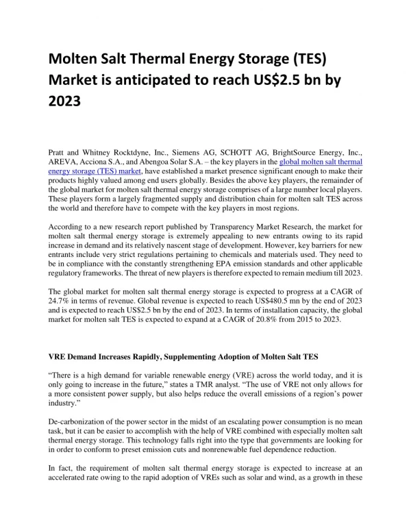 Molten Salt Thermal Energy Storage (TES) Market is anticipated to reach US$2.5 bn by 2023