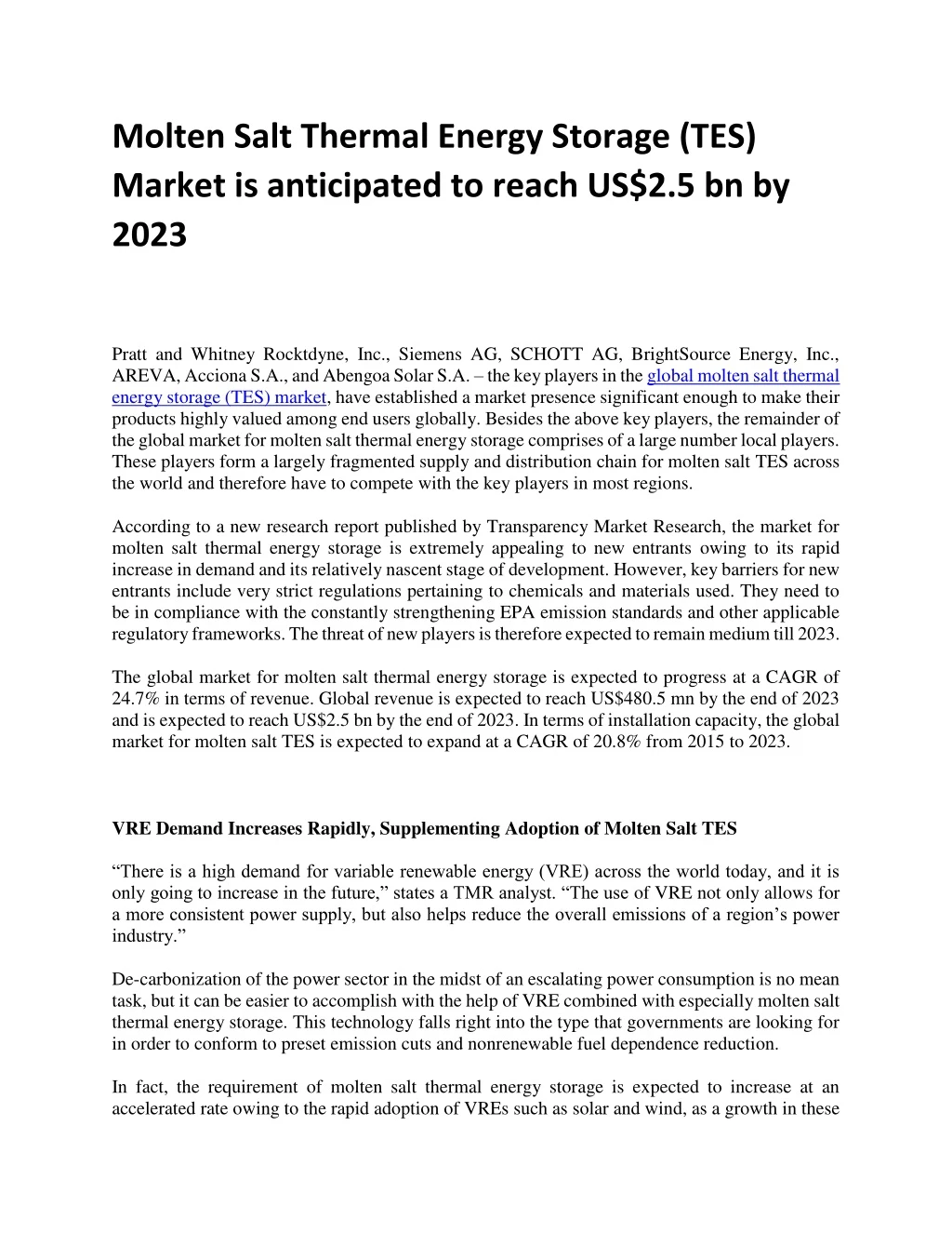 molten salt thermal energy storage tes market