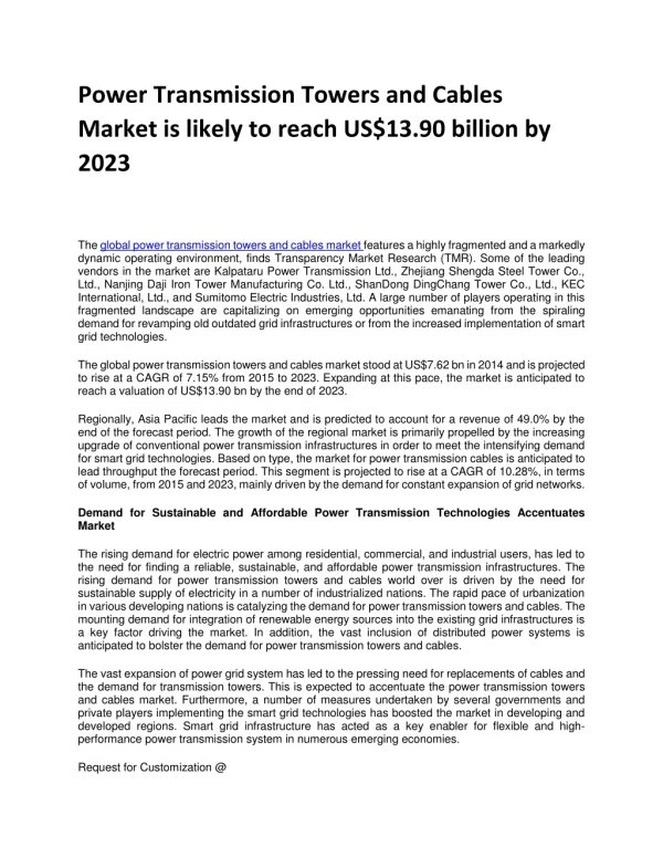 Power Transmission Towers and Cables Market is likely to reach US$13.90 billion by 2023
