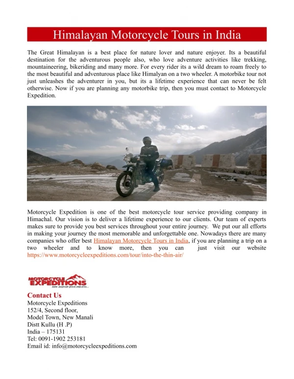 Himalayan Motorcycle Tours in India