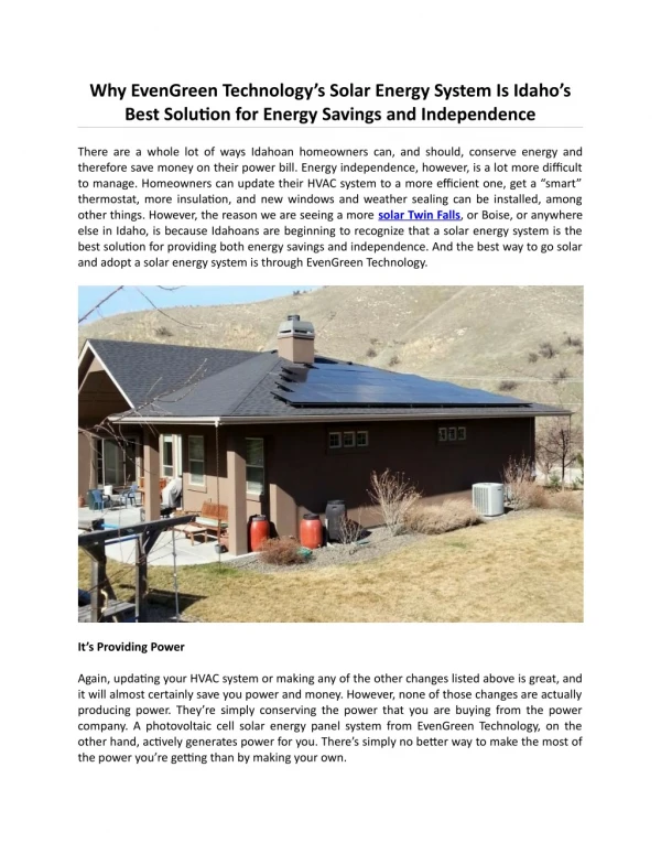 Why EvenGreen Technology’s Solar Energy System Is Idaho’s Best Solution for Energy Savings and Independence