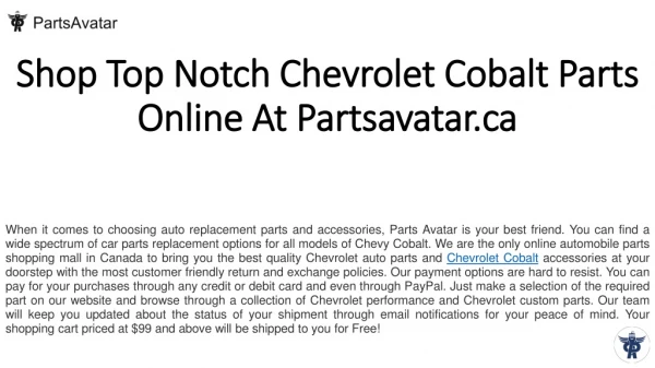 Buy High End Chevy Cobalt Parts At Parts Avatar Canada.