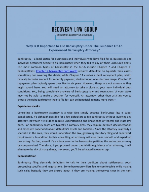 Why Is It Important To File Bankruptcy Under The Guidance Of An Experienced Bankruptcy Attorney?