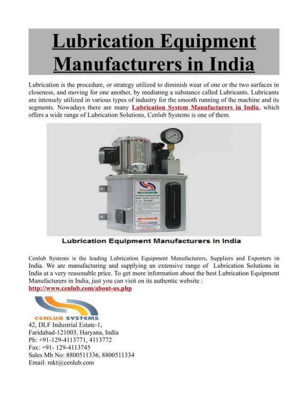 Lubrication Equipment Manufacturers in India