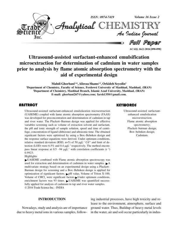 Ultrasound-assisted surfactant-enhanced emulsification microextraction for determination of cadmium in water samples pri