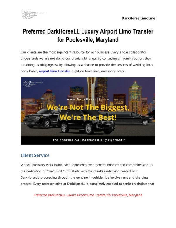 Preferred DarkHorseLL Luxury Airport Limo Transfer for Poolesville, Maryland