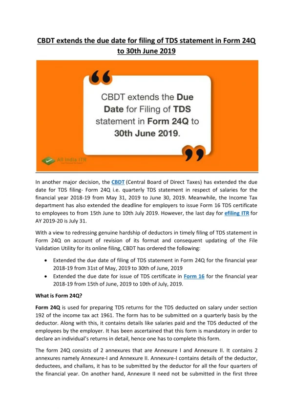 CBDT extends the due date for filing of TDS statement in Form 24Q to 30th June 2019