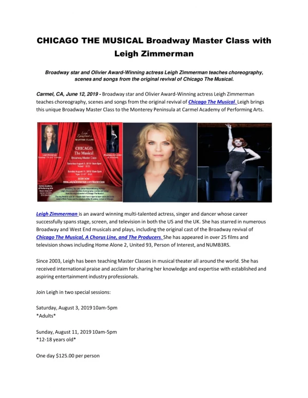 Broadway star and Olivier Award-Winning actress Leigh Zimmerman teaches choreography, scenes and songs from the original