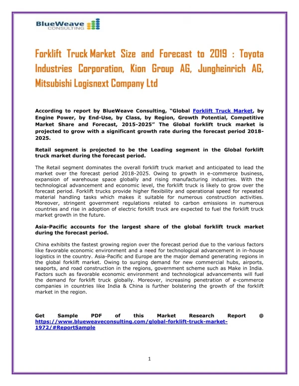 Forklift Truck Market 2019 : Size, Outlook, Trend And Forecast Till 2025