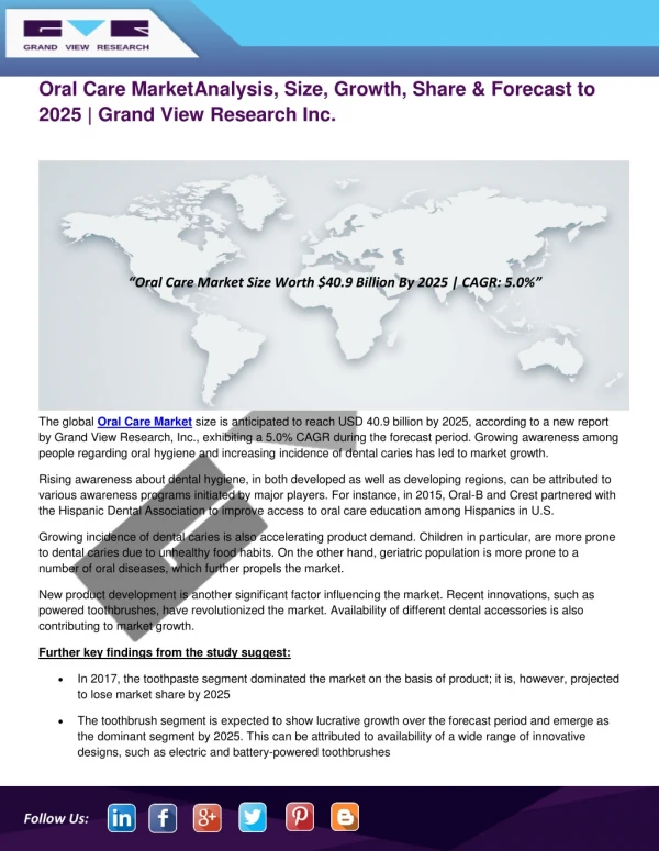 Oral Care Market is Projected to Reach USD 40.9 Billion By 2025 | Grand View Research