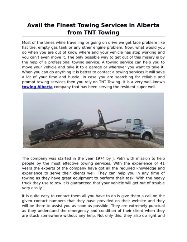 Avail the Finest Towing Services in Alberta from TNT Towing