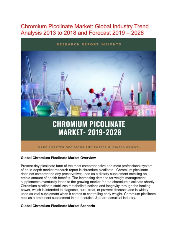 Chromium Picolinate Market research to Witness Stellar CAGR During the Forecast Period 2019 - 2028