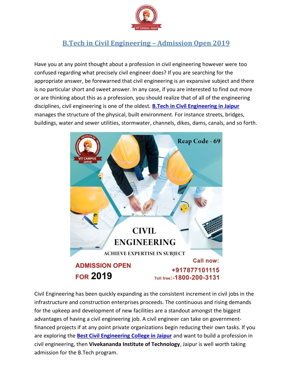 b tech in civil engineering admission open 2019