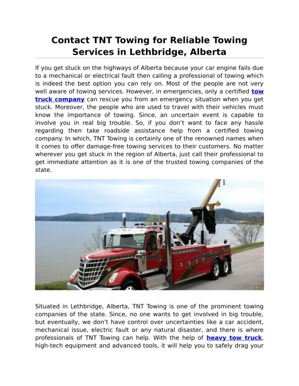 Contact TNT Towing for Reliable Towing Services in Lethbridge, Alberta