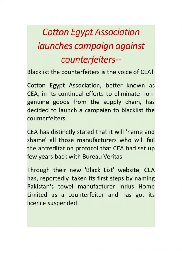 Cotton Egypt Association launches campaign against counterfeiters
