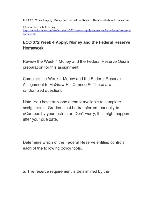 ECO 372 Week 4 Apply Money and the Federal Reserve Homework//tutorfortune.com