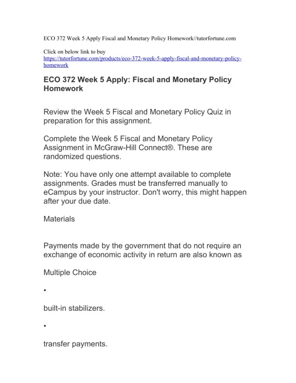 ECO 372 Week 5 Apply Fiscal and Monetary Policy Homework//tutorfortune.com