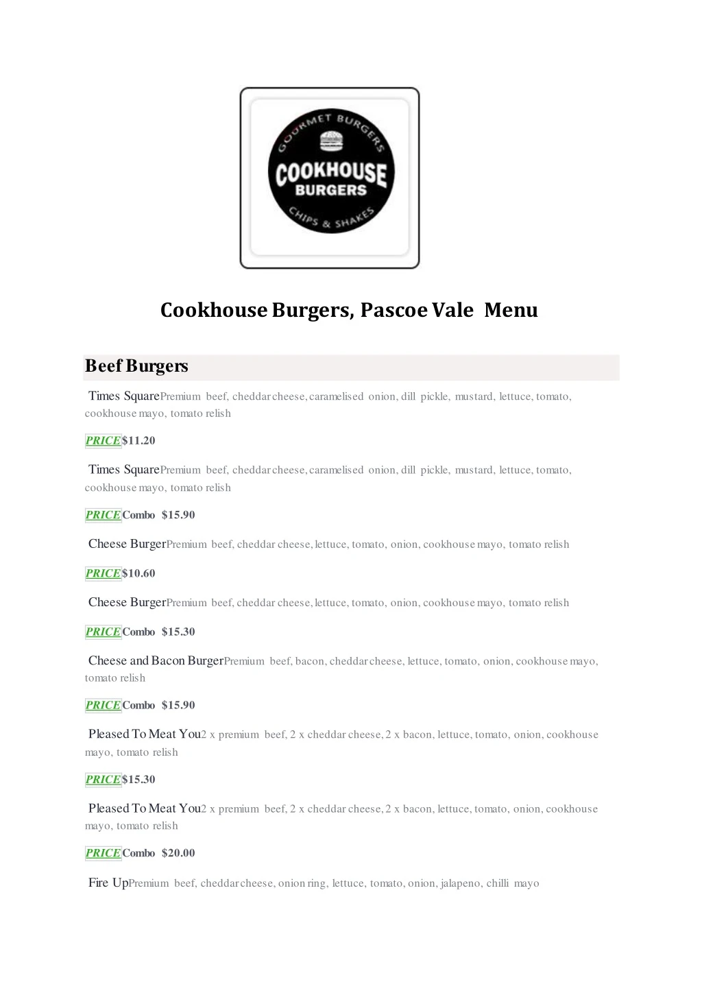 cookhouse burgers pascoe vale menu beef burgers