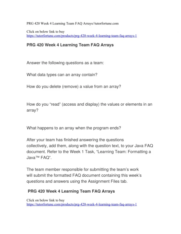 PRG 420 Week 4 Learning Team FAQ Arrays//tutorfortune.com