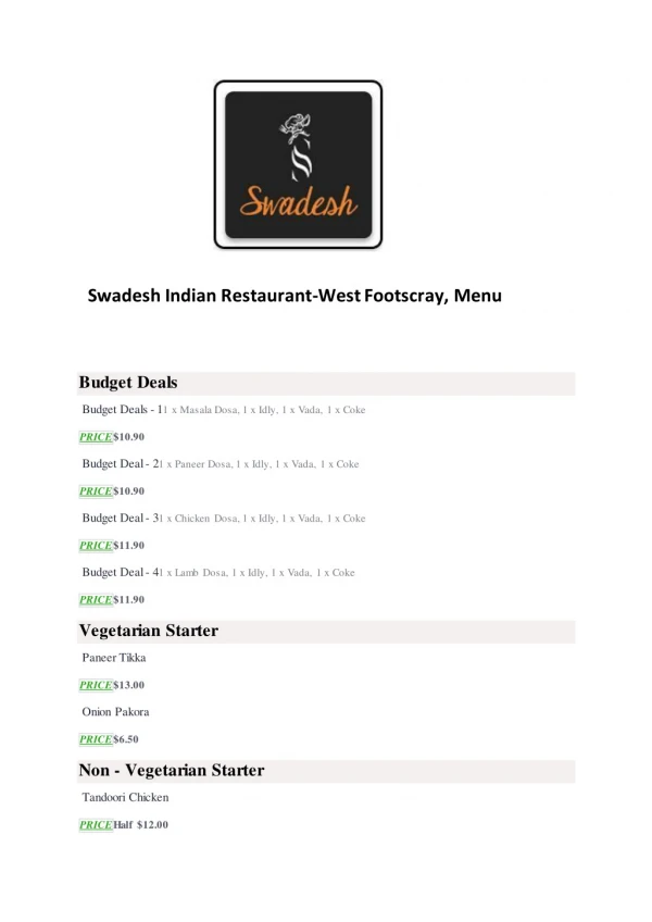 25% Off -Swadesh Indian Restaurant-West Footscray-West Footscray - Order Food Online