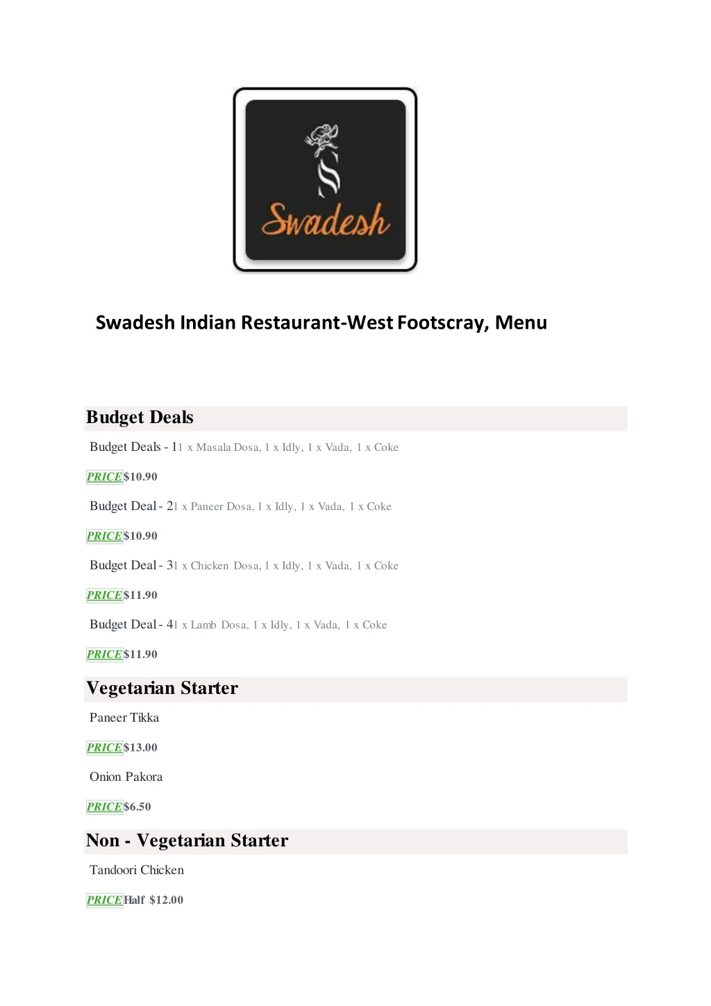 swadesh indian restaurant west footscray menu