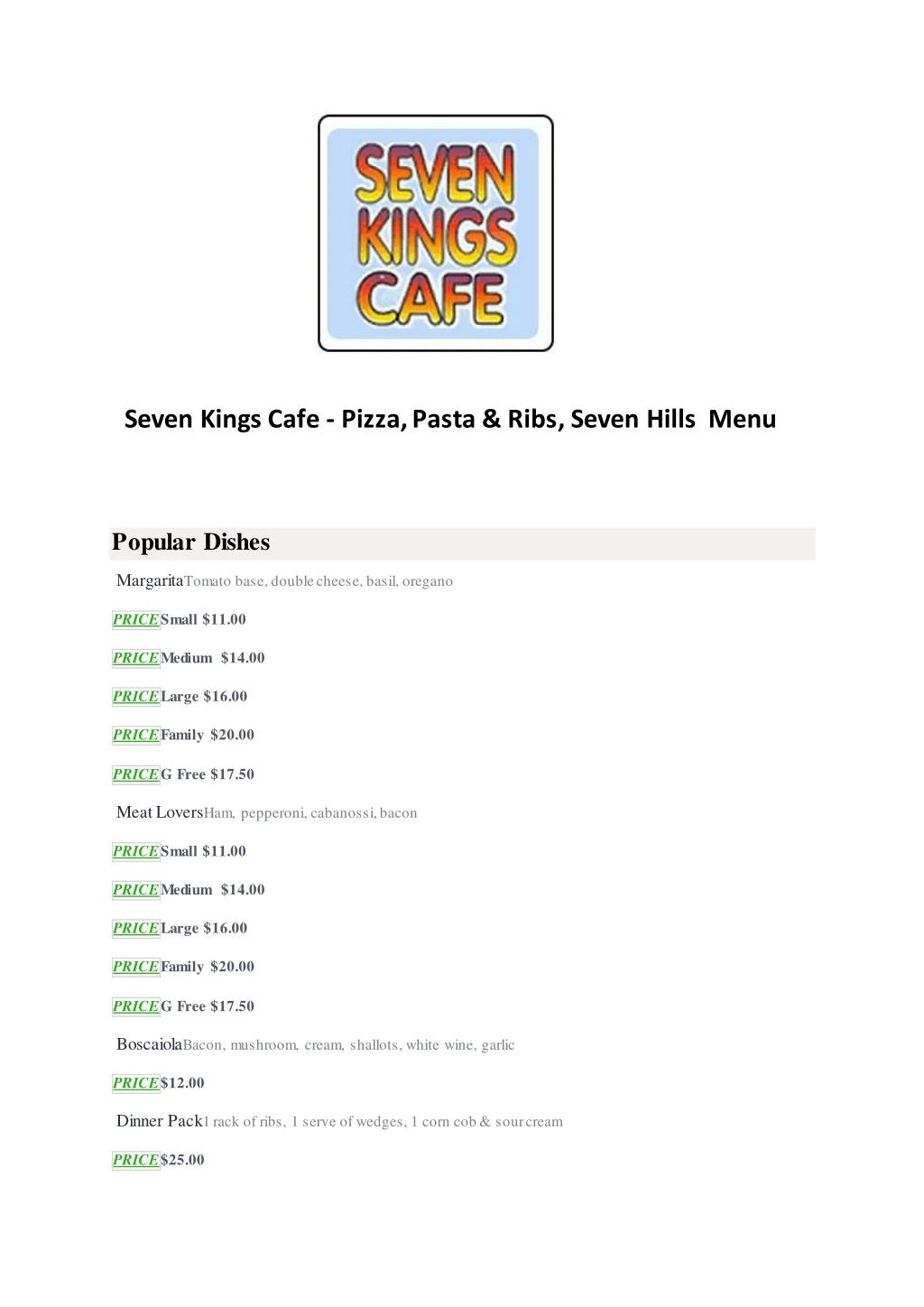 seven kings cafe pizza pasta ribs seven hills