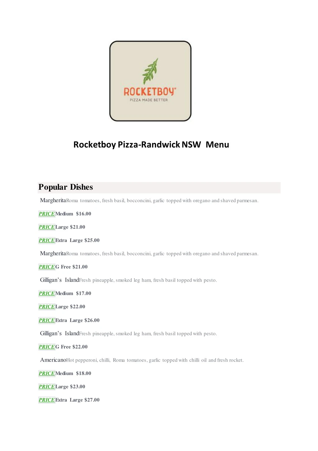 rocketboy pizza randwick nsw menu popular dishes