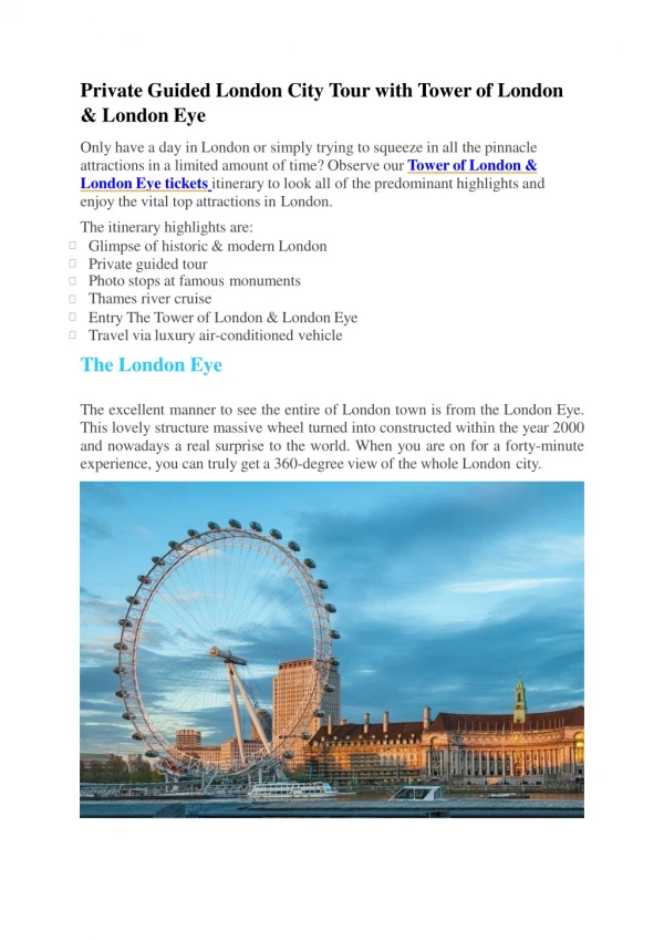 Private Guided London City Tour with Tower of London & London Eye