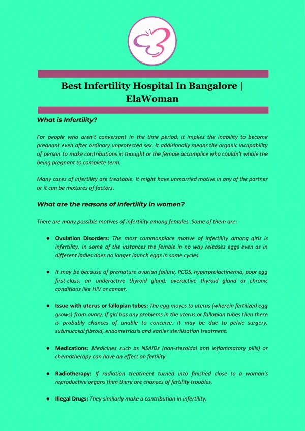 Best Infertility Hospital In Bangalore | ElaWoman