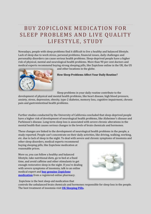 Buy Zopiclone Medication for Sleep Problems and Live Quality Lifestyle, Study