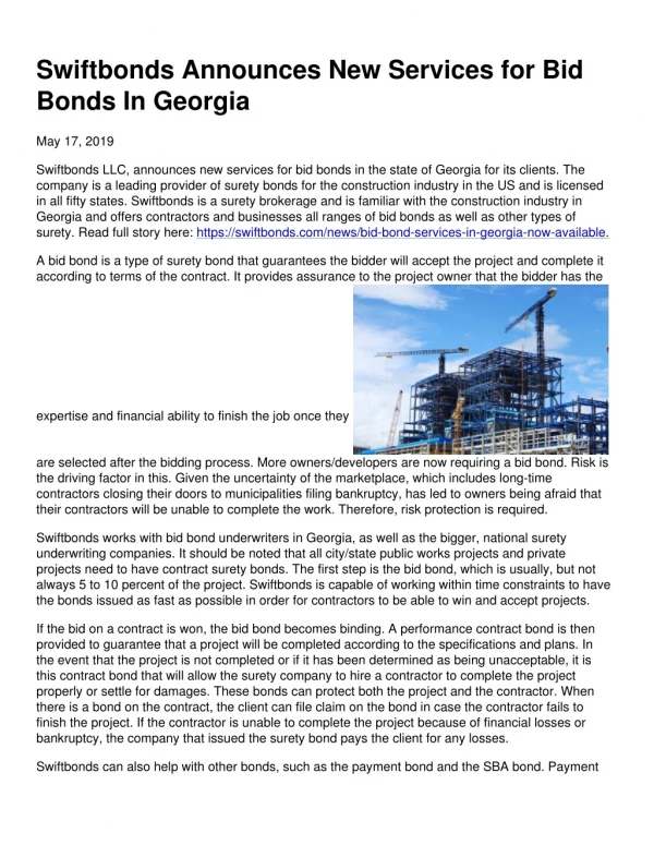 Swiftbonds Announces New Services for Bid Bonds In Georgia