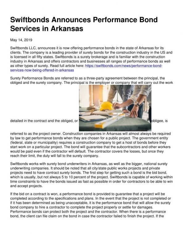 Swiftbonds Announces Performance Bond Services in Arkansas