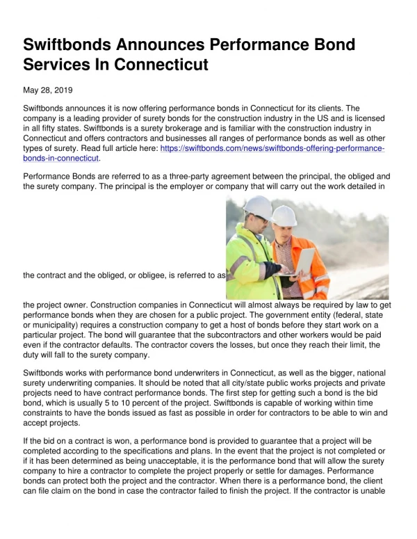 Swiftbonds Announces Performance Bond Services In Connecticut
